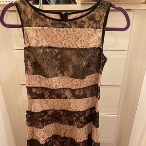 Black and tan lace, striped evening dress